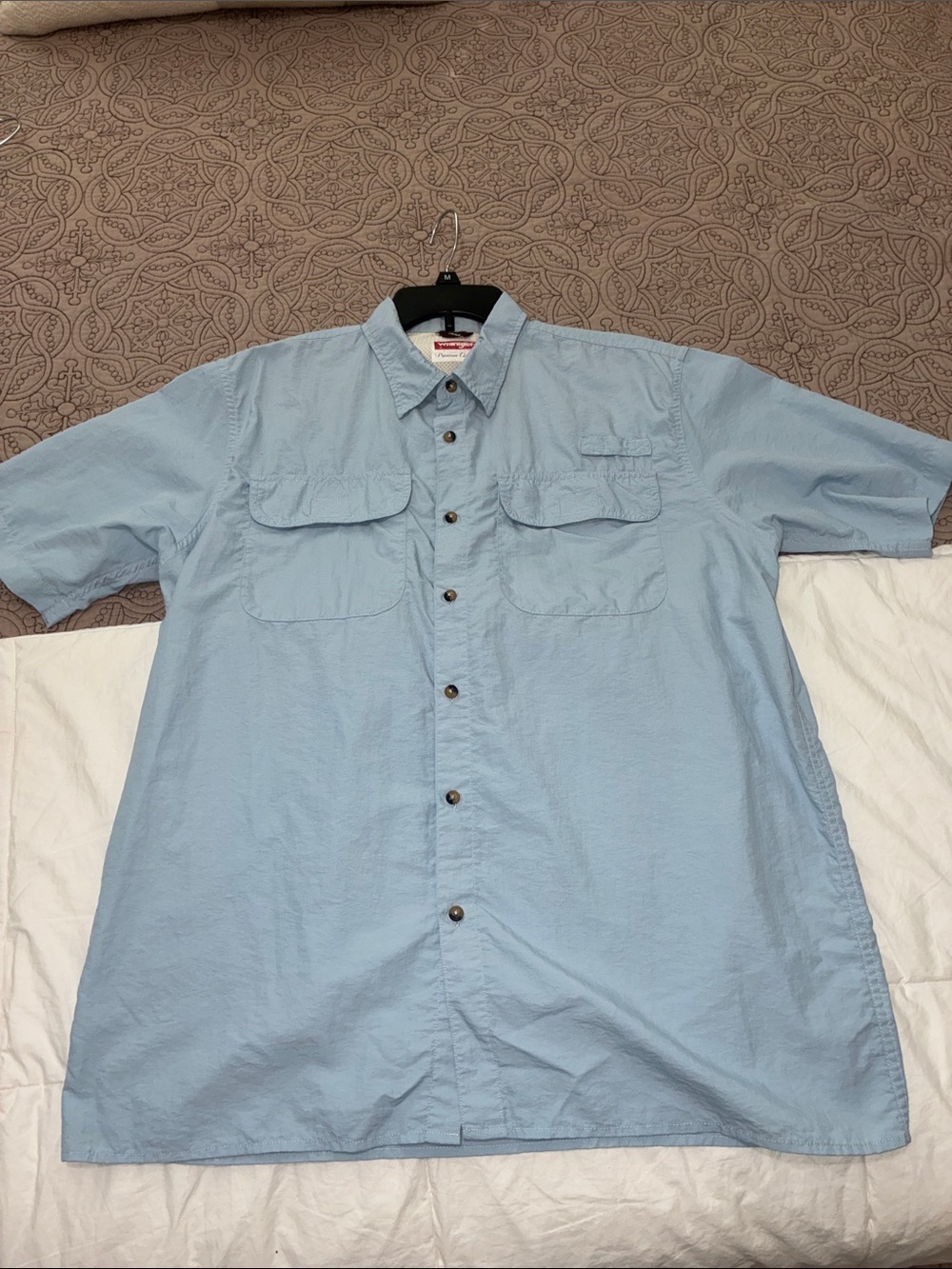 WRANGLER (THREE) Men’s Large Light Blue & Striped Short Sleeve Button-Up Shirts.
